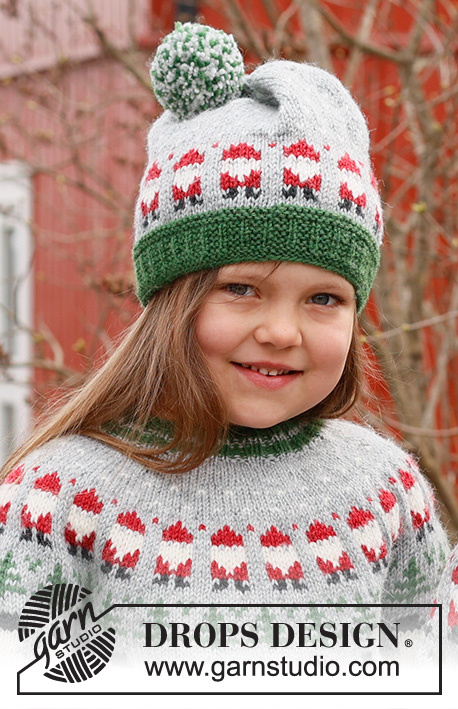 Santa Time Hat / DROPS Children 44-15 - Knitted hat for children in DROPS Karisma. The piece is worked bottom up, with coloured Santa pattern. Sizes 2– 14 years. Theme: Christmas.