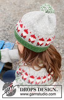 Santa Time Hat / DROPS Children 44-15 - Knitted hat for children in DROPS Karisma. The piece is worked bottom up, with colored Santa pattern. Sizes 2– 14 years. Theme: Christmas.
