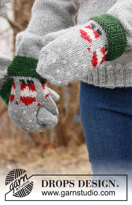 Santa Time Mittens / DROPS Children 44-16 - Dětské rukavice palčáky s norským vzorem se skřítkem Santou pletené zdola nahoru z příze DROPS Karisma. Velikost 2 – 14 let. Motiv: Vánoce.
