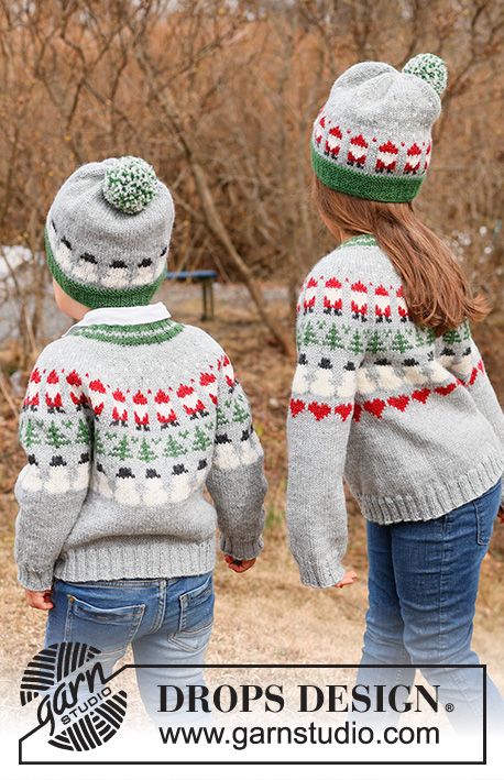 Christmas Time Cardigan / DROPS Children 44-17 - Dziecięcy rozpinany sweter na drutach, przerabiany od góry do dołu, z zaokrąglonym karczkiem i żakardem w Mikołaje, choinki i bałwanki, z włóczki DROPS Karisma. Od 2 do 14 lat. Temat: Boże Narodzenie.