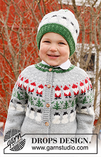 Christmas Time Cardigan / DROPS Children 44-17 - Casaco tricotado de cima para baixo para criança, com encaixe arredondado e jacquard de Pai Natal, árvore de Natal e boneco de neve, em DROPS Karisma. Tamanhos: 2 - 14 anos. Tema: Natal.