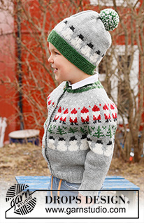 Christmas Time Cardigan / DROPS Children 44-17 - Dětský propínací svetr s kruhovým sedlem s norským vzorem se skřítkem Santou, vánočním stromečkem a sněhulákem pletený shora dolů z příze DROPS Karisma. Velikost 2 – 14 let. Motiv: Vánoce.