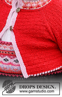 Hipp Hipp Hurra Jacket / DROPS Children 44-2 - Gilet court tricoté de haut en bas pour bébé et enfant en DROPS Baby Merino. Se tricote avec jacquard nordique et emmanchures raglan. Du 6 mois au 6 ans.