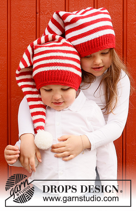 Santa's Helpers / DROPS Children 44-23 - Dziecięca świąteczna czapka / długa czapka na szydełku, z włóczki DROPS BabyMerino. Przerabiana od dołu do góry, w paski. Temat: Boże Narodzenie.