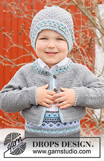 Hipp Hipp Hurra Jacket / DROPS Children 44-3 - Gilet court tricoté de haut en bas pour bébé et enfant en DROPS Baby Merino. Se tricote avec jacquard nordique et emmanchures raglan. Du 6 mois au 6 ans.