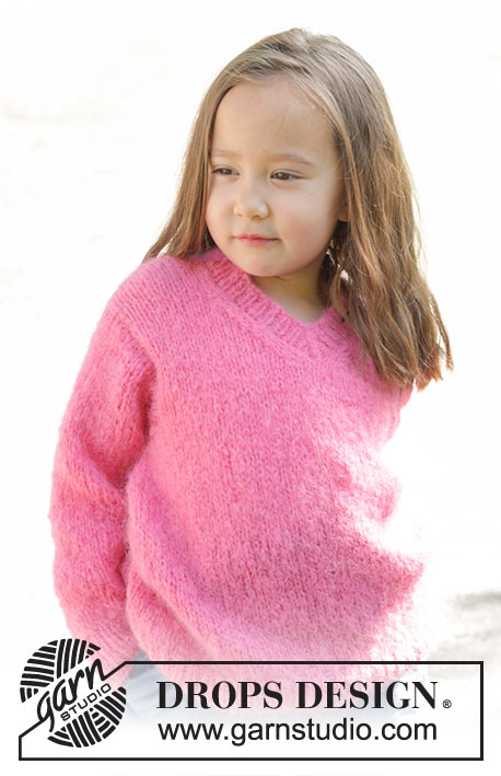 Sugarplum Fairy / DROPS Children 47-1 - Dziecięcy sweter na drutach przerabiany od dołu do góry z włóczki DROPS Melody. Przerabiany dżersejem z dekoltem V. Od 2 do 12 lat.