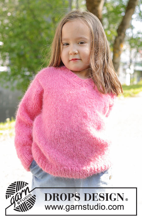 Sugarplum Fairy / DROPS Children 47-1 - Strikket genser til barn i DROPS Melody. Arbeidet strikkes nedenfra og opp med glattstrikk og v-hals Størrelse 2 – 12 år.