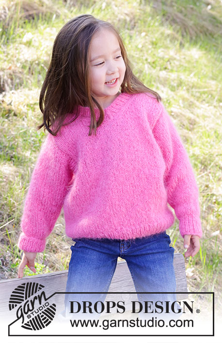 Sugarplum Fairy / DROPS Children 47-1 - Dziecięcy sweter na drutach przerabiany od dołu do góry z włóczki DROPS Melody. Przerabiany dżersejem z dekoltem V. Od 2 do 12 lat.