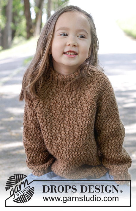 Chocolate Puff / DROPS Children 47-11 - Dětský raglánový pulovr s plastickým vzorem pletený shora dolů z příze DROPS Lima nebo DROPS Daisy. Velikost 2 až 12 let.