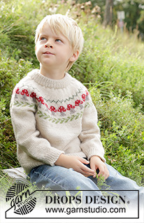 Mushroom Season Sweater / DROPS Children 47-13 - Jersey de punto para niños en DROPS Karisma. La pieza está tejida de arriba hacia abajo con cuello doble, canesú redondo y patrón jacquard multicolor de setas. Tallas 2 – 14 años.