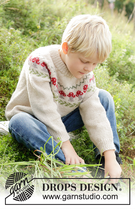 Mushroom Season Sweater / DROPS Children 47-13 - Stickad tröja till barn i DROPS Karisma. Arbetet stickas uppifrån och ner med dubbel halskant, runt ok och flerfärgat mönster med svamp. Storlek 2 – 14 år.