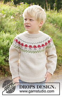 Mushroom Season Sweater / DROPS Children 47-13 - Pulôver tricotado de cima para baixo para baixo para criança, em DROPS Karisma. Tricota-se com gola dobrada, encaixe arredondado e jacquard de cogumelos. Tamanhos: 2 - 14 anos.