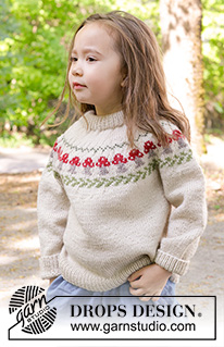 Mushroom Season Sweater / DROPS Children 47-14 - Jersey de punto para niños en DROPS Karisma. La pieza está tejida de arriba hacia abajo con cuello doble, canesú redondo y patrón jacquard multicolor de setas. Tallas 2 – 14 años.
