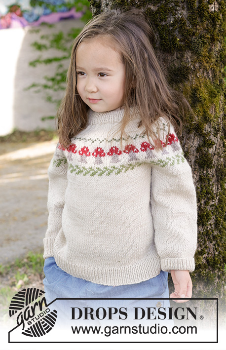 Mushroom Season Sweater / DROPS Children 47-14 - Knitted jumper for children in DROPS Karisma. The piece is worked top down with double neck, round yoke and multi-coloured mushroom pattern. Sizes 2 – 14 years.