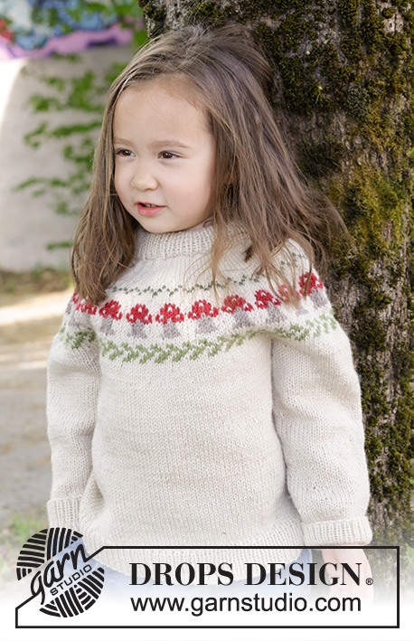 Mushroom Season Sweater / DROPS Children 47-14 - Strikket genser til barn i DROPS Karisma. Arbeidet strikkes ovenfra og ned med dobbel halskant, rundfelling og flerfarget mønster med sopp. Størrelse 2 – 14 år.