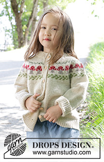 Mushroom Season Cardigan / DROPS Children 47-15 - Knitted jacket for children in DROPS Karisma. The piece is worked top down with double neck, round yoke and multi-coloured mushroom pattern. Sizes 2 – 14 years.