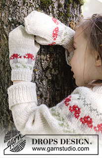 Mushroom Season Mittens / DROPS Children 47-16 - Luvas tricotadas para criança em DROPS Karisma. Tricotam-se de baixo para cima com jacquard de cogumelos. Tamanhos: 2 - 14 anos.