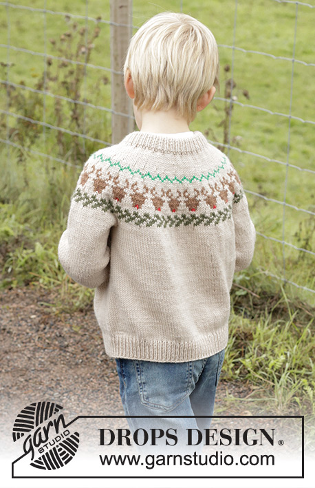 Reindeer Dance Cardigan / DROPS Children 47-17 - Knitted jacket for children in DROPS Daisy. The piece is worked top down with double neck, round yoke and multi-colored reindeer pattern. Sizes 2 – 14 years.