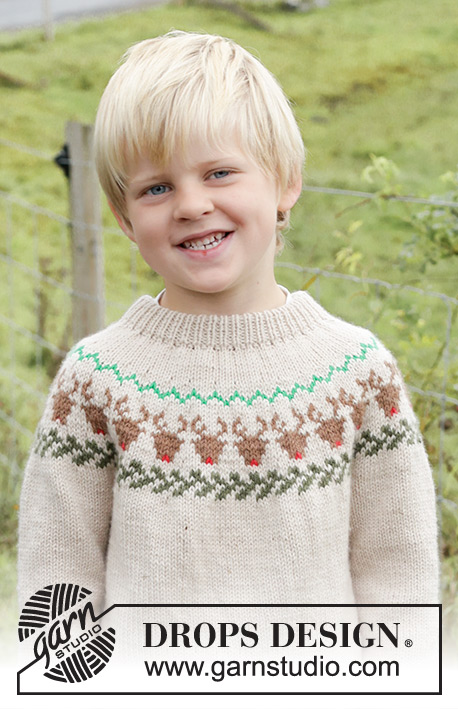 Reindeer Dance Sweater / DROPS Children 47-18 - Dziecięcy sweter na drutach, przerabiany od góry do dołu, z włóczki DROPS Daisy. Z podwójnym wykończeniem dekoltu, zaokrąglonym karczkiem i żakardem w renifery. Od 2 do 14 lat.