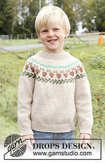 Reindeer Dance Sweater / DROPS Children 47-18 - Gestrickter Pullover für Kinder in DROPS Daisy. Die Arbeit wird von oben nach unten mit doppelter Halsblende, Rundpasse und mehrfarbigem Muster mit Rentieren gestrickt. Größe 2 – 14 Jahre.