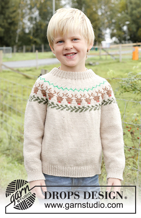 Reindeer Dance Sweater / DROPS Children 47-18 - Gebreide trui voor kinderen in DROPS Daisy. Het werk wordt van boven naar beneden gebreid met dubbele halsrand, ronde pas en veelkleurig rendierpatroon. Maten 2 – 14 jaar.