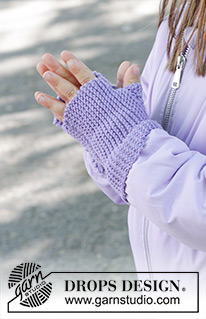 Wisteria Wrist Warmers / DROPS Children 47-21 - Dětské bezprsté rukavice - návleky pletené kolmo, napříč vroubkovým vzorem z příze DROPS Baby Merino. Velikost 2 – 12 let.