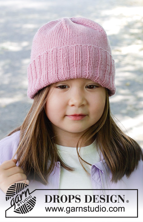 Candy Kiss Hat / DROPS Children 47-27 - DROPS Merino Extra Fine lõngast alt üles parempidises koes kootud tagasikeeratud äärega lihtne müts 2 kuni 12 aastasele lapsele