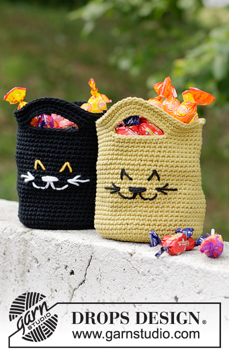 Cat Tricks Bag / DROPS Children 47-31 - Crocheted basket/bag in DROPS Paris. The piece is worked bottom up, with cat-pattern. Theme: Halloween.