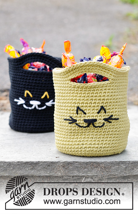 Cat Tricks Bag / DROPS Children 47-31 - Koszyk na szydełku z motywem kota, z włóczki DROPS Paris. Przerabiany od dołu do góry. Temat: Halloween.