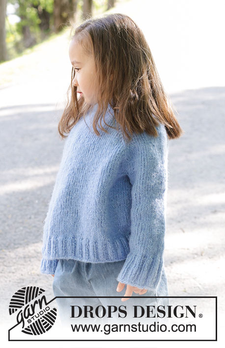 Little Cloud Blue Sweater / DROPS Children 47-4 - DROPS Air lõngast ülevalt alla parempidises koes kootud raglaanvarrukatega ja topeltkaelusega džemper 2 kuni 12 aastasele lapsele