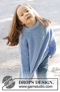 Little Cloud Blue Sweater / DROPS Children 47-4 - Strikket genser til barn i DROPS Air. Arbeidet strikkes ovenfra og ned i glattstrikk med dobbel halskant og raglan. Størrelse 2 – 12 år.