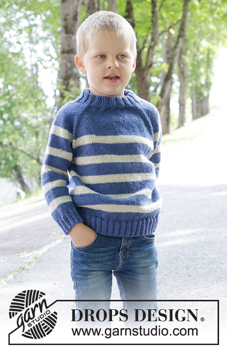 Meet the Captain / DROPS Children 47-5 - Raglánový pruhovaný dětský pulovr pletený shora dolů  z příze DROPS Karisma. Velikost 2 až 12 let.