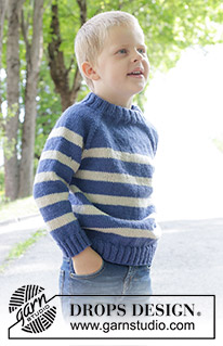 Meet the Captain / DROPS Children 47-5 - Pull tricoté pour enfant de haut en bas en DROPS Karisma. Se tricote avec rayures, col doublé et emmanchures raglan. Du 2 au 12 ans.