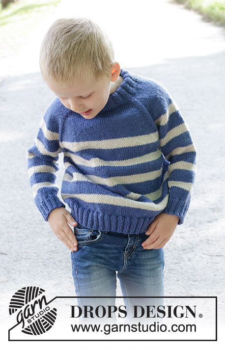 Meet the Captain / DROPS Children 47-5 - Knitted jumper for children in DROPS Karisma. The piece is worked top down with double neck, stripes and raglan. Sizes 2 – 12 years.