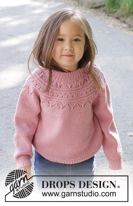 Running Circles Sweater / DROPS Children 47-8 - Pull tricoté de haut en bas pour enfant en DROPS Merino Extra Fine. Se tricote avec empiècement arrondi, point ajouré et col doublé. Du 2 au 12 ans.