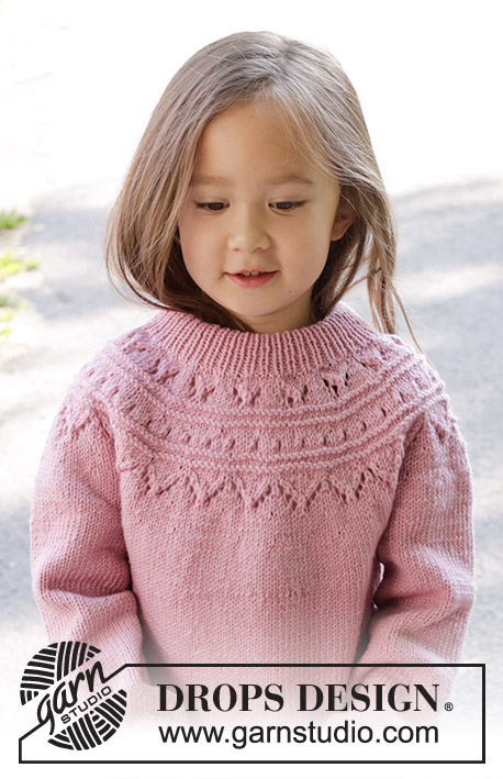 Running Circles Sweater / DROPS Children 47-8 - Knitted jumper for children in DROPS Merino Extra Fine. The piece is worked top down with round yoke, lace pattern and double neck. Sizes 2 - 12 years.