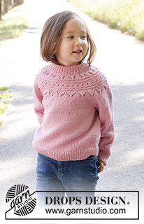 Running Circles Sweater / DROPS Children 47-8 - DROPS Merino Extra Fine lõngast ülevalt alla kootud pitsmustriga ümara passega ja topeltkaelusega džemper 2 kuni 12 aastasele lapsele
