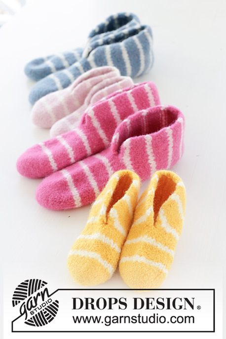 Cosy Stripes / DROPS Children 48-18 - Knitted and felted slippers for children with stripes in DROPS Snow. Sizes 26 – 43 = US child 8 – woman 12 1/2. Theme: Easter.