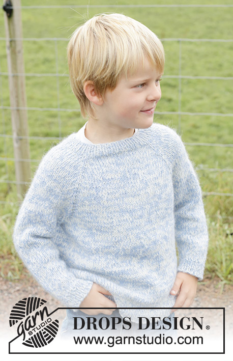 Spring Smiles / DROPS Children 48-4 - Dziecięcy sweter na drutach, przerabiany od góry do dołu, 2 nitkami włóczki DROPS Alpaca. Przerabiany dżersejem, z reglanowymi rękawami. Od 2 do 12 lat.