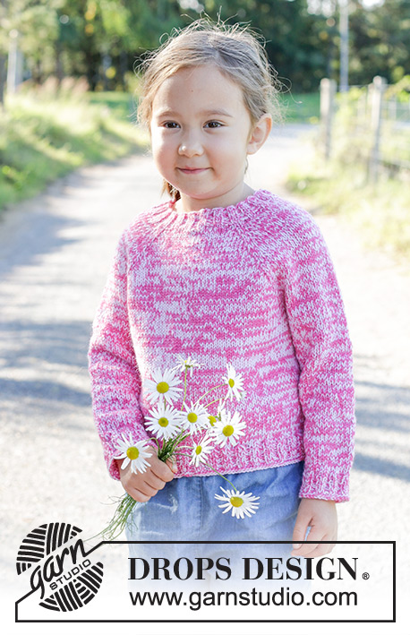 Strawberry Sprinkle / DROPS Children 48-5 - Dětský raglánový pulovr pletený lícovým žerzejem shora dolů z dvojité příze DROPS Flora nebo dvojité příze DROPS Alpaca. Velikost 2 – 12 let. 
