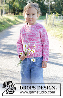 Strawberry Sprinkle / DROPS Children 48-5 - Pulôver tricotado de cima para baixo para criança, com 2 fios DROPS Flora ou 2 fios DROPS Alpaca. Tricota-se em ponto meia, com cavas raglan. Tamanhos: 2 - 12 anos.