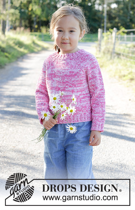 Strawberry Sprinkle / DROPS Children 48-5 - Dětský raglánový pulovr pletený lícovým žerzejem shora dolů z dvojité příze DROPS Flora nebo dvojité příze DROPS Alpaca. Velikost 2 – 12 let. 
