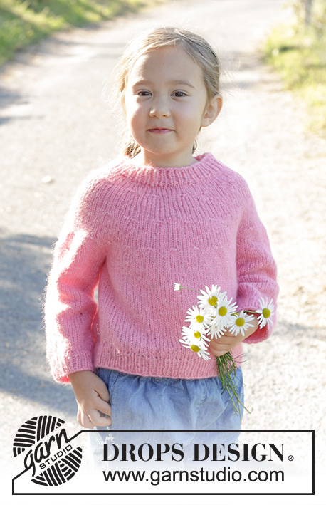 Bright Strawberry Sweater / DROPS Children 48-6 - Gebreide trui voor kinderen in DROPS Air. Het werk wordt van boven naar beneden gebreid met ronde pas. Maten 3 – 14 jaar.
