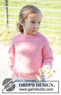 Bright Strawberry Sweater / DROPS Children 48-6 - Gestrickter Pullover für Kinder in DROPS Air. Die Arbeit wird von oben nach unten mit Rundpasse gestrickt. Größe 3 – 14 Jahre.