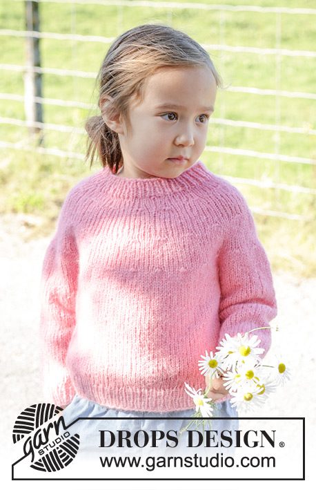 Bright Strawberry Sweater / DROPS Children 48-6 - Pull tricoté de haut en bas pour enfant, en DROPS Air. Se tricote avec empiècement arrondi. Du 3 au 14 ans.