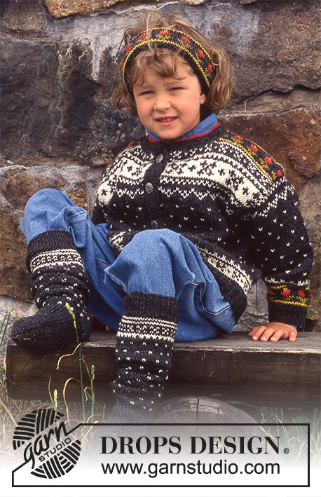 Winter Frost / DROPS Children 5-2 - Cardigan in Karisma Superwash with Norwegian pattern. Headband and socks.