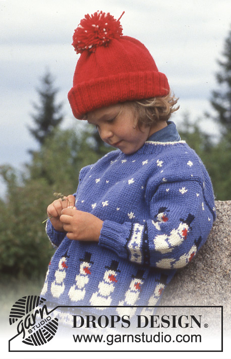Dancing Snowmen / DROPS Children 5-6 - Christmas Sweater, Trousers and Hat in Karisma Superwash with Snowmen.