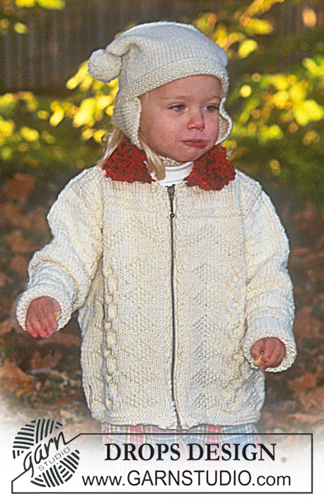Little Snow Bird / DROPS Children 9-7 - Rozpinany sweter na drutach, na suwak, podwójną nitką włóczki DROPS Baby-Ull i Big Bouclé. Czapka na drutach z włóczki DROPS Karisma