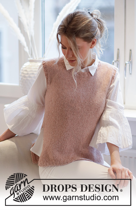 Rose Blush / DROPS 212-44 - Knitted vest in DROPS Sky. The piece is worked with ribbed edging and a split in the sides. Sizes S - XXXL.