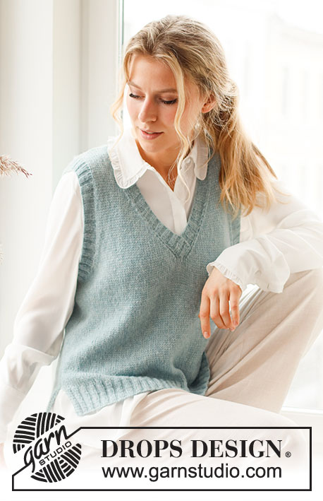 Audrey Vest / DROPS 220-43 - Knitted vest / slipover in DROPS Sky. The piece is worked in stocking stitch with ribbed edges, V-neck and split in the sides. Sizes S - XXXL.